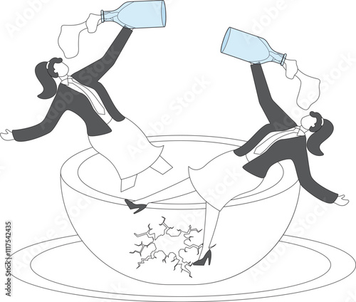 Self-destructive, poor businesswoman, alcoholic, self-paralyzed, frustrated, sad, disappointed, poor, desperate businesswoman lying in a broken bowl drinking wine