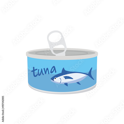Canned tuna can with tuna fish isolated on white background. Seafood. Vector illustration