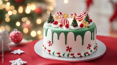 Festive Christmas Cake Decorated With Miniature Trees And Candy