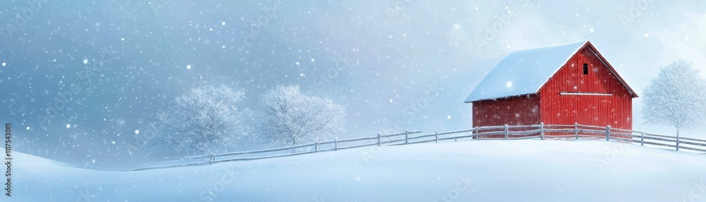 A serene winter scene featuring a red barn surrounded by snowflakes, set against a soft, snowy landscape. A serene winter scene featuring a red barn surrounded by snowflakes, set against a soft, snowy landscape.