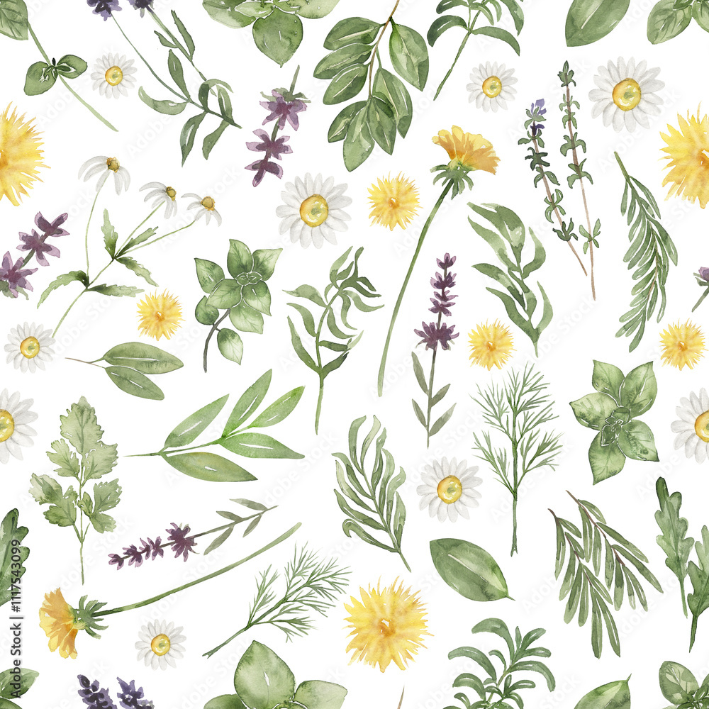 watercolor herbs seamless pattern, herbal repeat paper watercolor herbs seamless pattern, herbal repeat paper