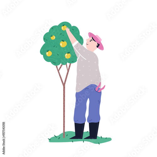 Illustrated scene with a farmer collecting the harvest. Gardening, farming, garden-themed design. Hand drawn vector illustration isolated on white background