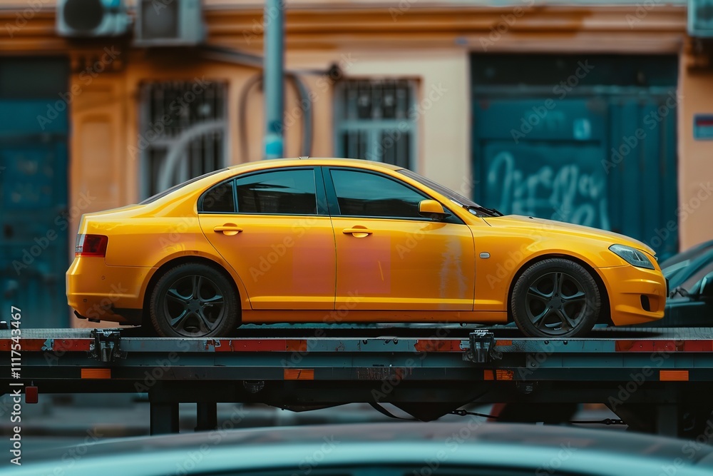 The flatbed truck with a brand-new yellow automobile, Generative AI. The flatbed truck with a brand-new yellow automobile, Generative AI.