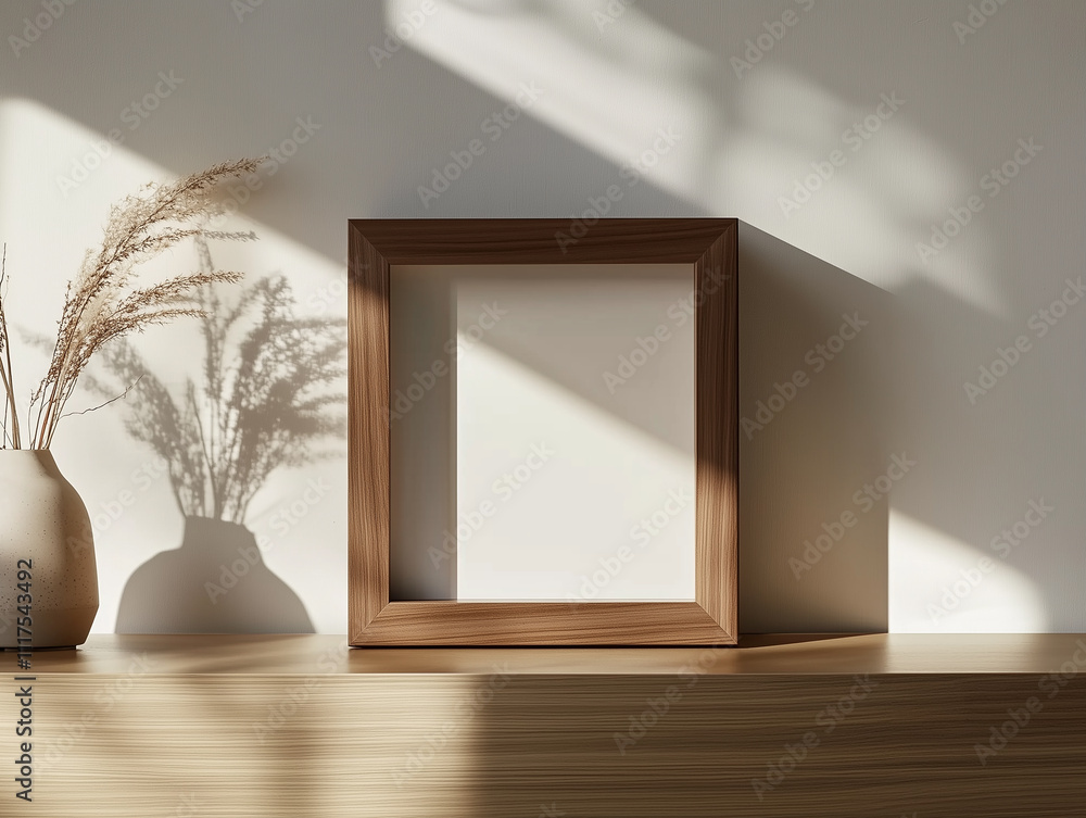 Mockup of a walnut square frame on a white wall, with shadow of flowers Mockup of a walnut square frame on a white wall, with shadow of flowers