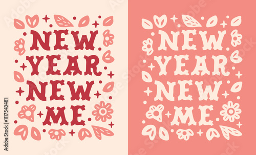 New year new me that girl resolutions affirmations groovy preppy girly retro floral pink red cowgirl aesthetic card. Motivational inspirational growth quotes celestial lettering printable cut file.