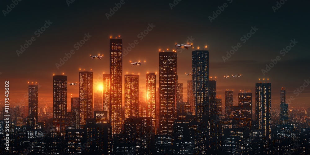 Fototapeta premium Integration technology hardware IoT concept. City skyline at sunset with illuminated skyscrapers and a glowing atmosphere.