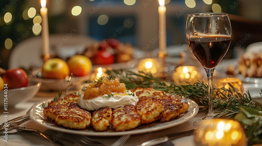 Festive Hanukkah Table Setting with Delightful Latkes and Garnishes in Daylight Glow