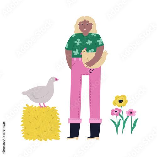 Illustrated scene with a girl farmer holding a hen. Farm life concept, rustic farm life art