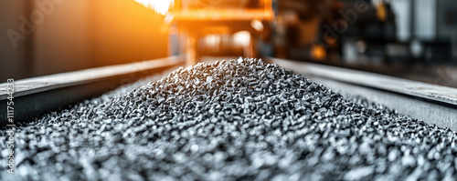 Close-up view of gravel pile on a track in an industrial processing environment.