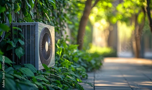 Outdoor view of a residential community with visible air conditioning units, highlighting modern living and urban utility infrastructure. photo