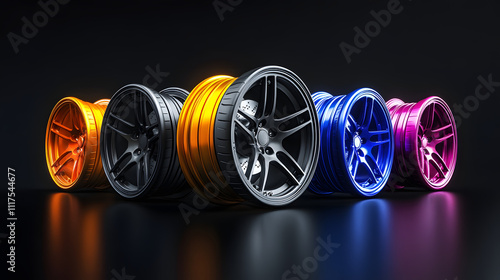 Colorful alloy wheels lined up in a striking display against a dark background