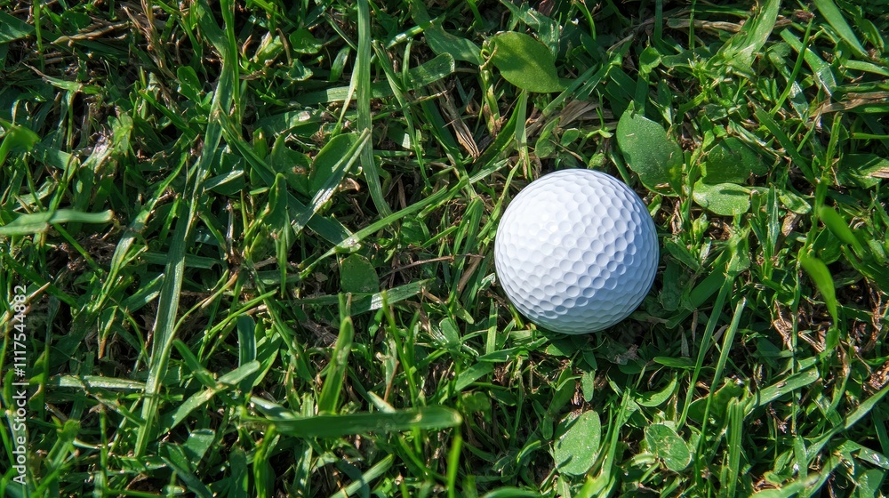 Close-up of a golf ball resting diagonally near the cup, faint footmarks visible on the grass Close-up of a golf ball resting diagonally near the cup, faint footmarks visible on the grass