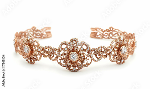 A delicate rose gold floral bracelet adorned with sparkling diamonds.