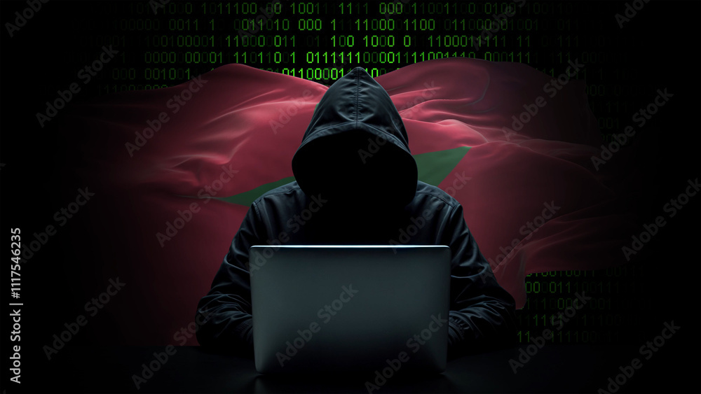 Morocco flag - 3D realistic waving flag on matrix digital background with binary code Morocco flag - 3D realistic waving flag on matrix digital background with binary code