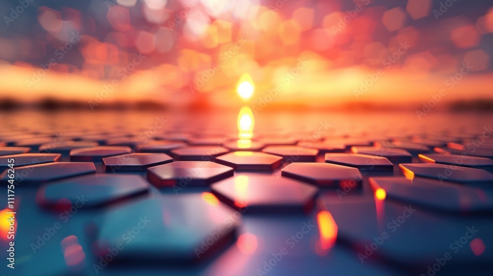 Obraz premium Breathtaking and captivating sunset reflection shimmering across a tranquil water surface composed of a geometric hexagonal pattern creating a serene and mesmerizing natural scene