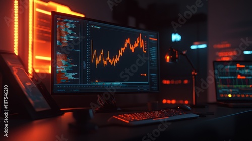 Nighttime Workstation Showing Stock Market Data And Code