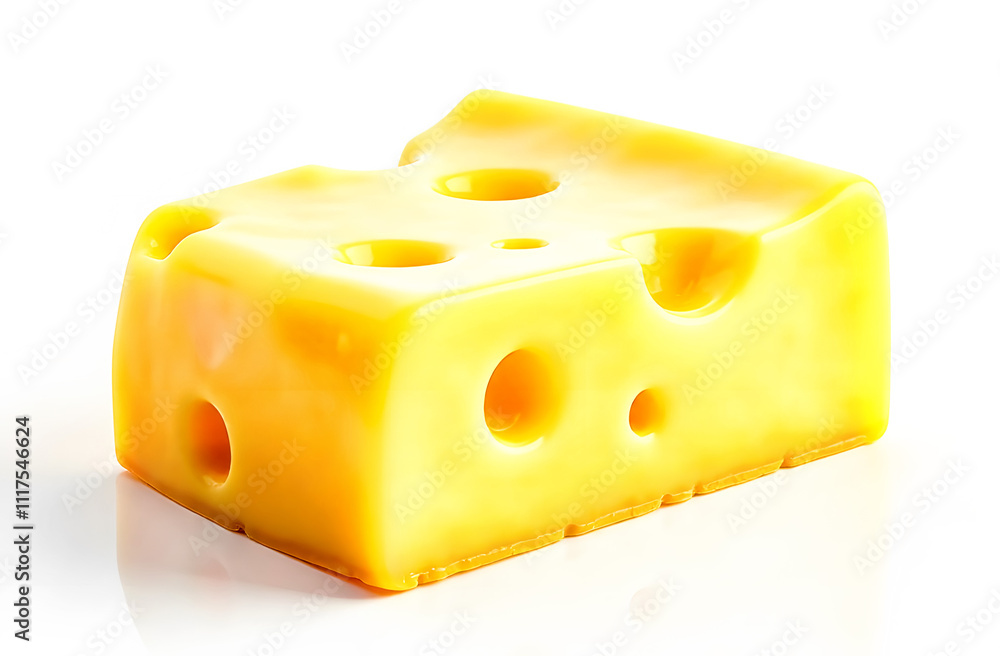 Bright yellow cheese wedge with holes on a white background showcasing its texture and color in detail Bright yellow cheese wedge with holes on a white background showcasing its texture and color in detail