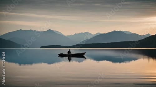 A small boat gliding across a calm lake, with mountains reflected in the water's surface.