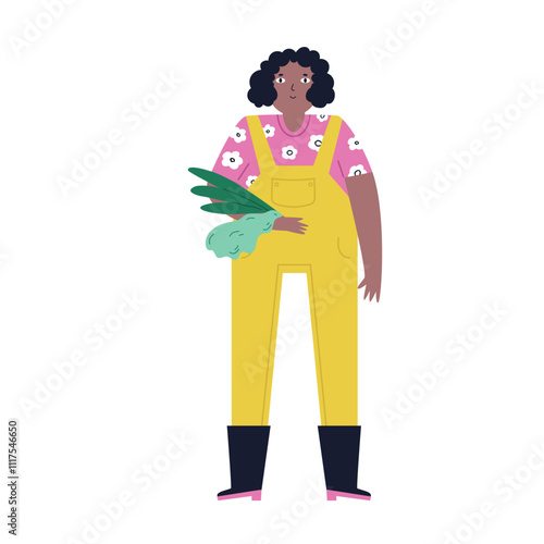Adorable Illustration of a Woman Holding Freshly Harvested Vegetables. Country Charm Design, Rustic Farm Art