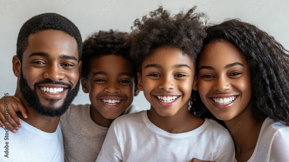 A family of four in white shirts smile happily, all showing off their bright white teeth, against a clean, neutral background. A family of four in white shirts smile happily, all showing off their bright white teeth, against a clean, neutral background.