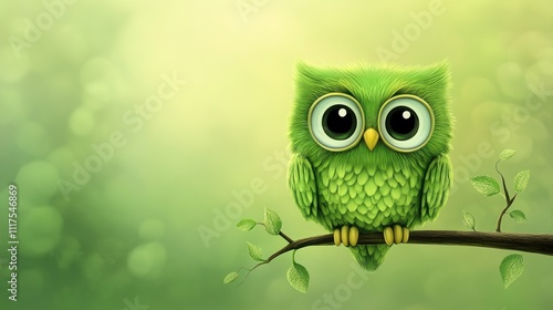 Adorable Green Owl Perched on a Branch in Nature photo