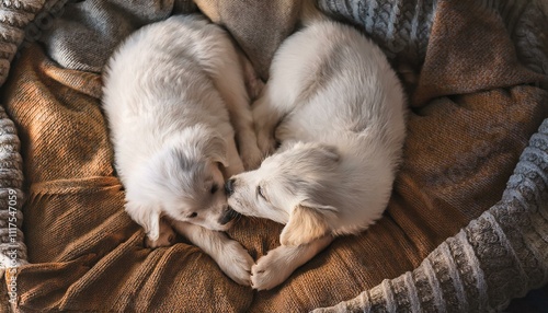 Puppy Love Heart: Two playful puppies lying together, their curled bodies forming the shape of a heart on a cozy blanket. photo