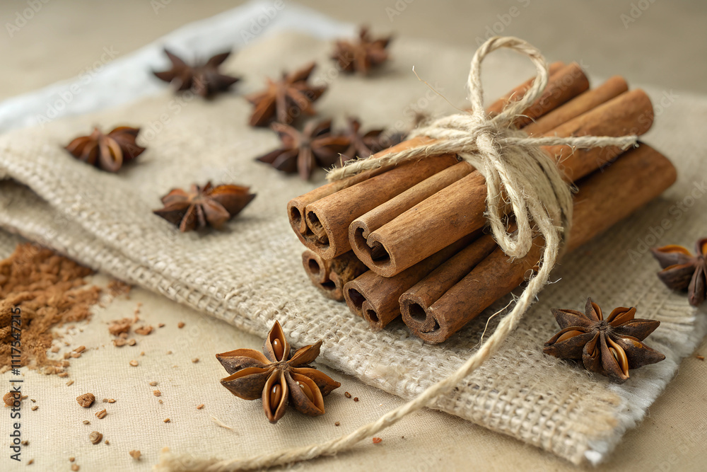 Cinnamon sticks arranged neatly with anise stars on a rustic surface Cinnamon sticks arranged neatly with anise stars on a rustic surface