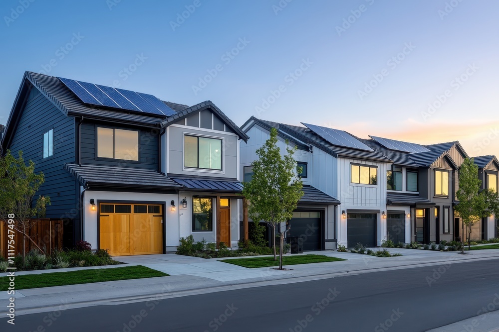 Modern homes with solar panels in a suburban neighborhood at dusk. Modern homes with solar panels in a suburban neighborhood at dusk.