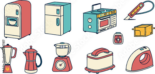Home Appliances web icons inline style. Household appliances, vacuum cleaners, refrigerator, TV, cooking, entertainment, conditioning, dishwasher, collection. Vector illustration