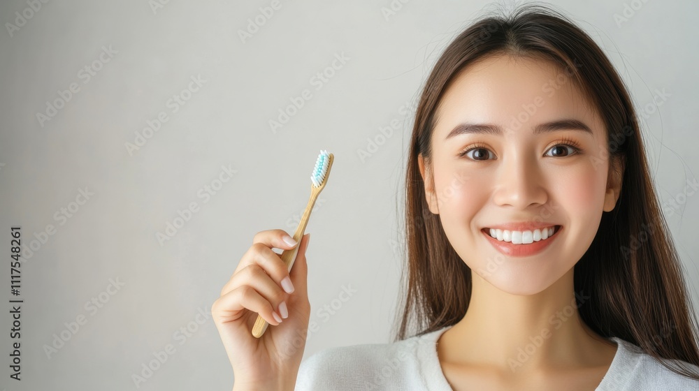 Asian teenage girl using toothbrush to clean her teeth, showing close up of smile and toothbrush, with simple and neat background for advertising. Asian teenage girl using toothbrush to clean her teeth, showing close up of smile and toothbrush, with simple and neat background for advertising.