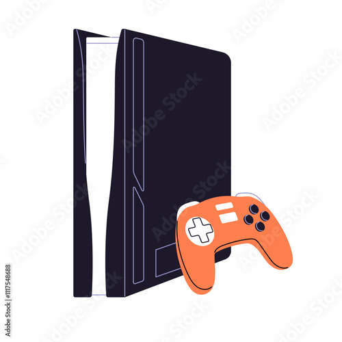 Video game console with joystick icon. Modern videogame device with controller. Cybersport equipment to play. Digital toys for gamers, players. Flat isolated vector illustration on white background