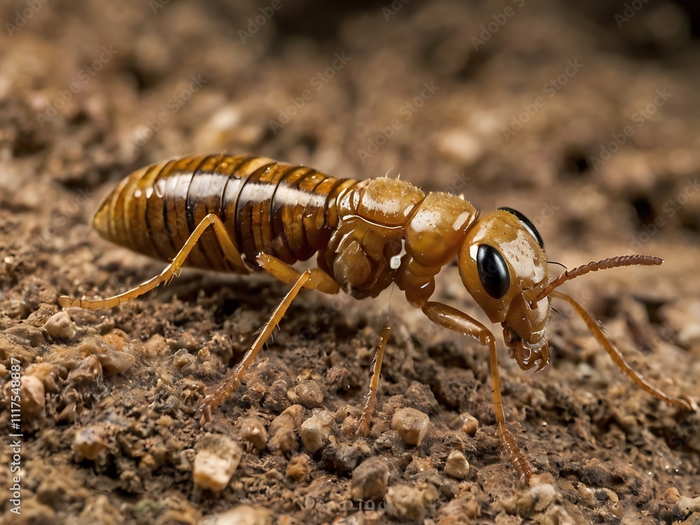 Golden Termite Crawling On Brown Earth Golden Termite Crawling On Brown Earth