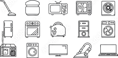 Home Appliances web icons inline style. Household appliances, vacuum cleaners, refrigerator, TV, cooking, entertainment, conditioning, dishwasher, collection. Vector illustration