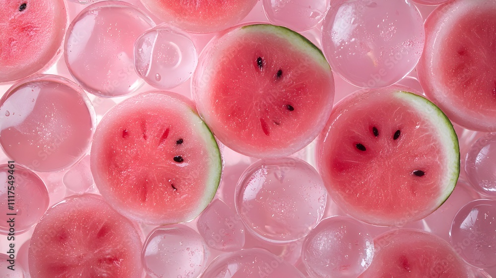 Watermelon refreshment pattern. Slices of juicy watermelon surrounded by glistening ice bubbles, creating a refreshing and vibrant summer aesthetic. Watermelon refreshment pattern. Slices of juicy watermelon surrounded by glistening ice bubbles, creating a refreshing and vibrant summer aesthetic.