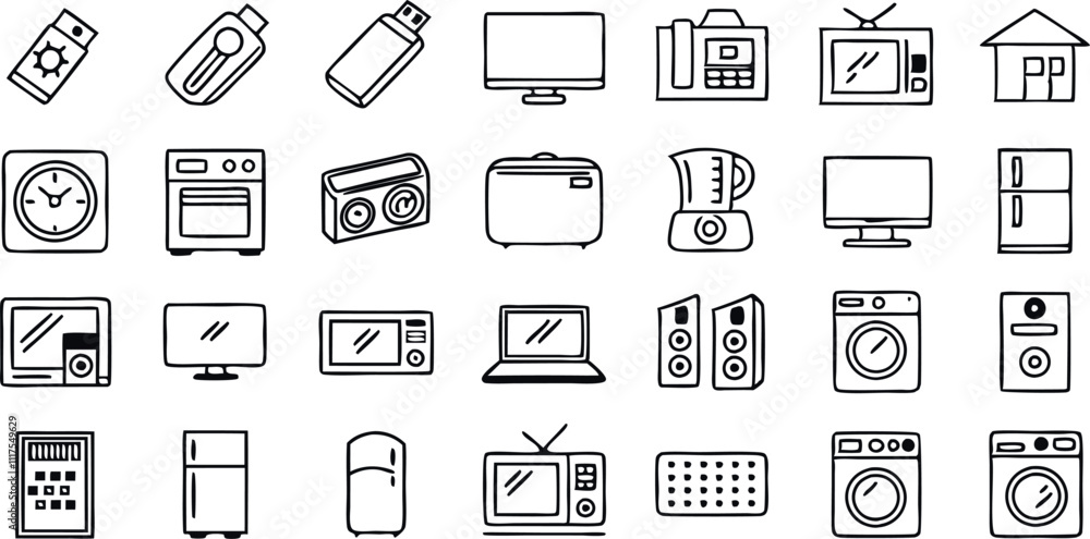 Home Appliances web icons inline style. Household appliances, vacuum cleaners, refrigerator, TV, cooking, entertainment, conditioning, dishwasher, collection. Vector illustration Home Appliances web icons inline style. Household appliances, vacuum cleaners, refrigerator, TV, cooking, entertainment, conditioning, dishwasher, collection. Vector illustration
