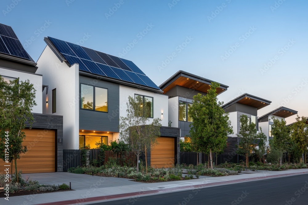 Modern homes with solar panels and landscaped gardens along a quiet street. Modern homes with solar panels and landscaped gardens along a quiet street.