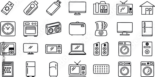 Home Appliances web icons inline style. Household appliances, vacuum cleaners, refrigerator, TV, cooking, entertainment, conditioning, dishwasher, collection. Vector illustration
