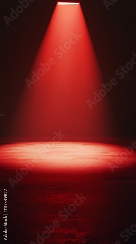 Red stage with dynamic lighting on a red background, featuring a spacious product display area, ideal for festive opening ceremonies and automotive advertisement concepts.
