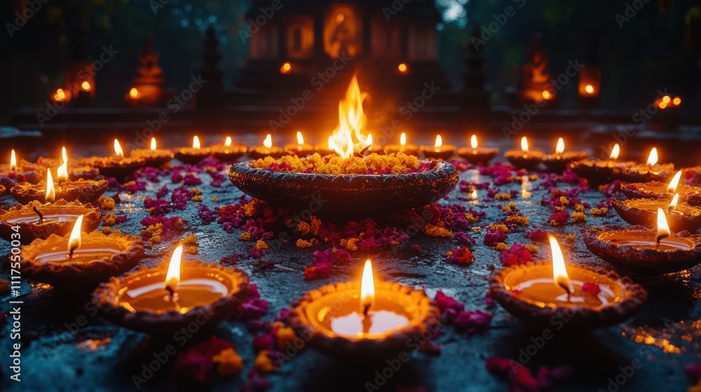 Illuminated floating candles, flowers, and a fire bowl at a temple. Illuminated floating candles, flowers, and a fire bowl at a temple.