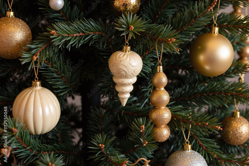 Fototapeta premium Christmas tree branches close-up ornaments greenery metallic cream