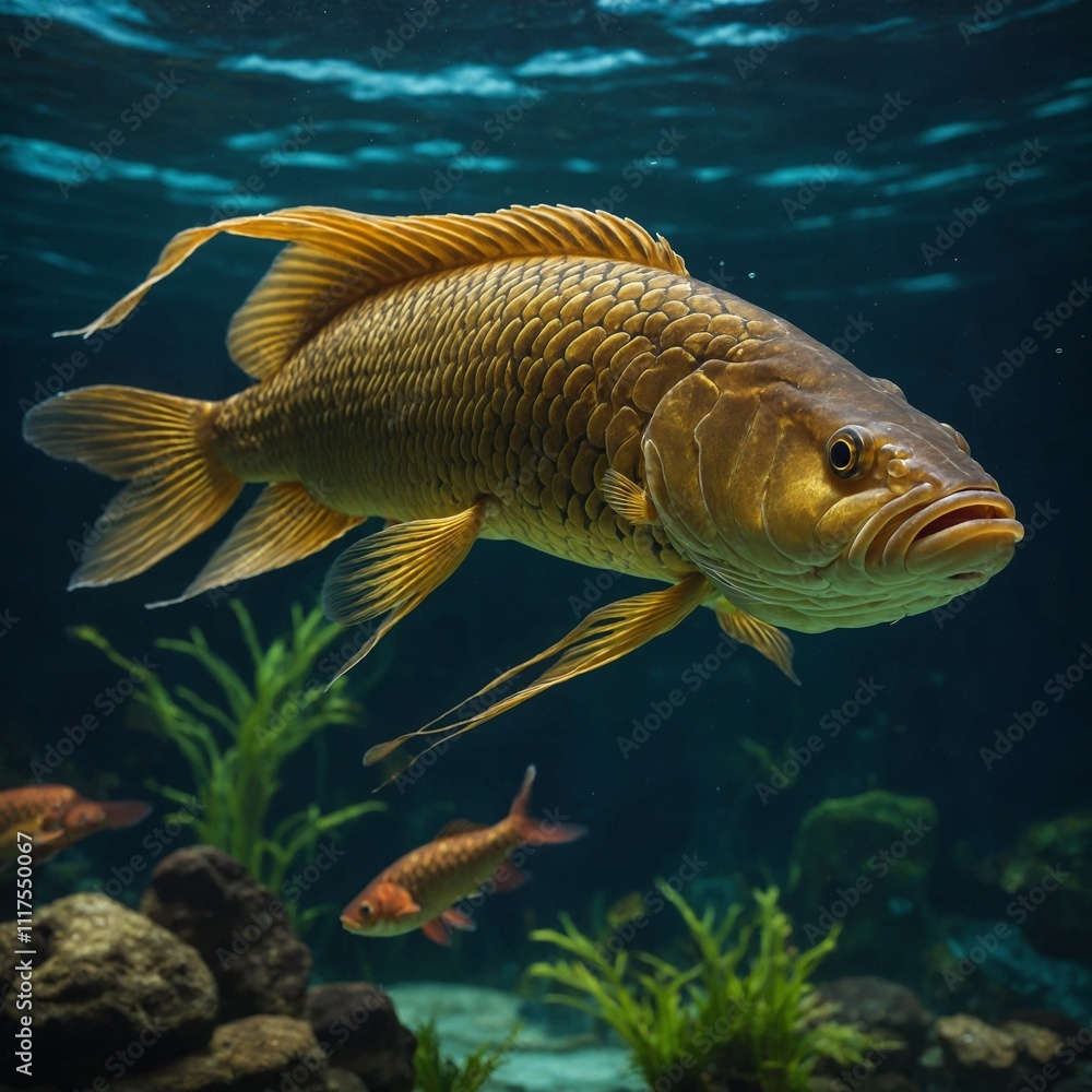 A golden arowana fish swimming regally in a serene aquarium. A golden arowana fish swimming regally in a serene aquarium.