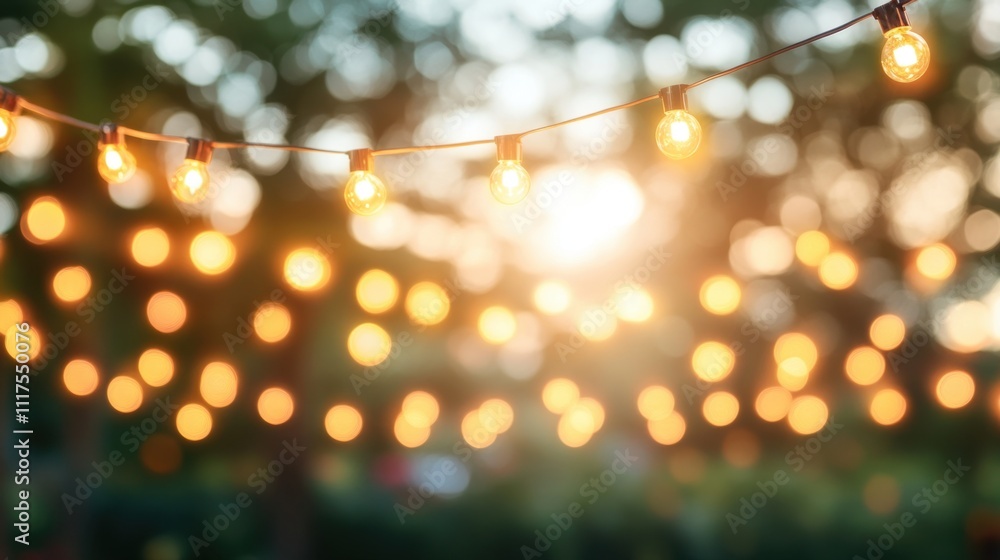 Warm String Lights at Sunset, Blurred Festive Background. Warm String Lights at Sunset, Blurred Festive Background.