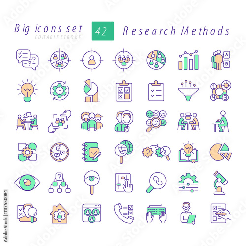 Research methods RGB color icons set. Target audience, marketing strategy. Communication, culture, Isolated vector illustrations. Simple filled line drawings collection. Editable stroke