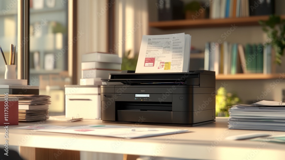 Modern Black Printer Sits On A Desk Amongst Documents