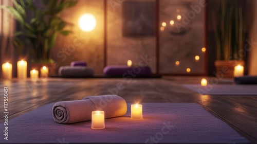 serene yoga studio with dim lighting, candles, and mats creates calming atmosphere for relaxation and meditation