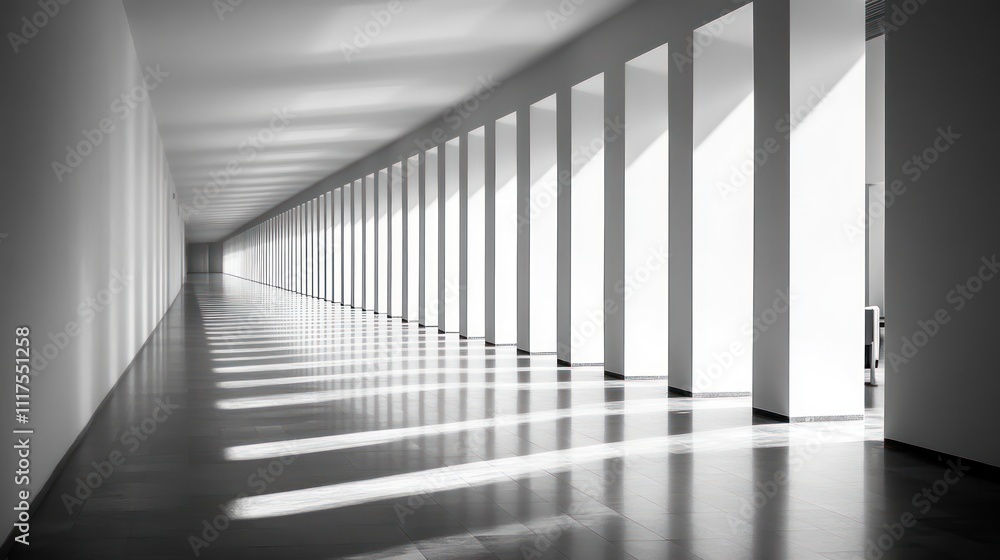 Sunlit Hallway With Numerous White Pillars Sunlit Hallway With Numerous White Pillars