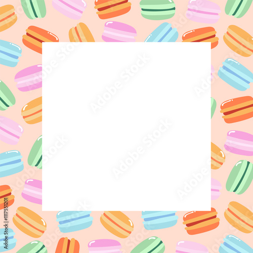 Decorative frame made of colorful macarons in a variety of flavors. Background for banners, cards, flyers, social media wallpapers, etc