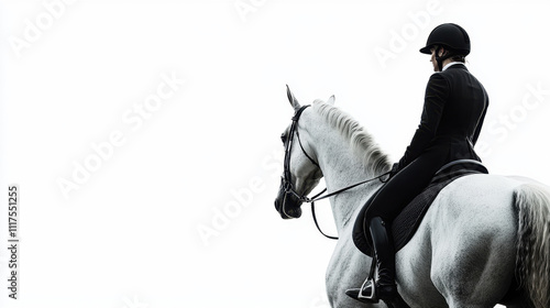 Silhouette of a male equestrian in a black suit and helmet riding a white horse on a stark white background, creating a dramatic and elegant scene.