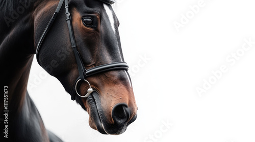 Close-up of a majestic dark brown horse with a bridle, gazing calmly against a stark white background. photo