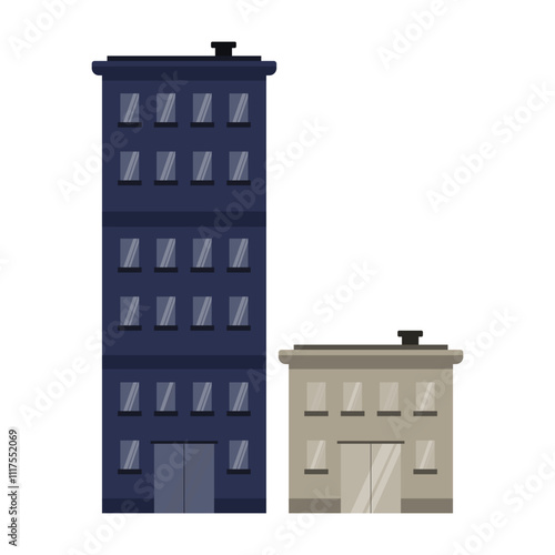 City tower block building set. Vector flat style illustration of silhouettes of multi-storey buildings on a white background.